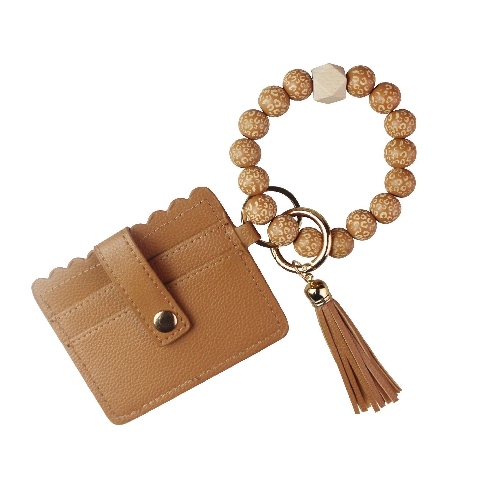 Wholesale Leopard Pattern Wood Bead Card Bag Tassel Wrist Keychain